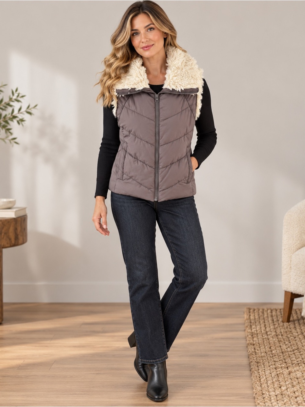 Big Chill Brown Quilted Vest with Cream Faux Fur Collar